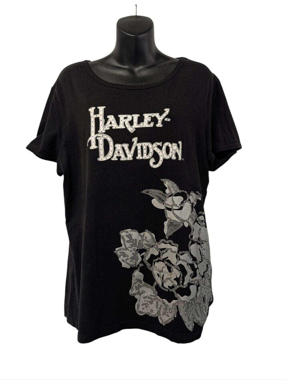 Harley-Davidson Black Studded Rose Floral Graphic T-Shirt Harley Museum Tee Size